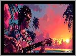 Zachód słońca, Morze, Grafika AI, Mężczyzna, Gitara