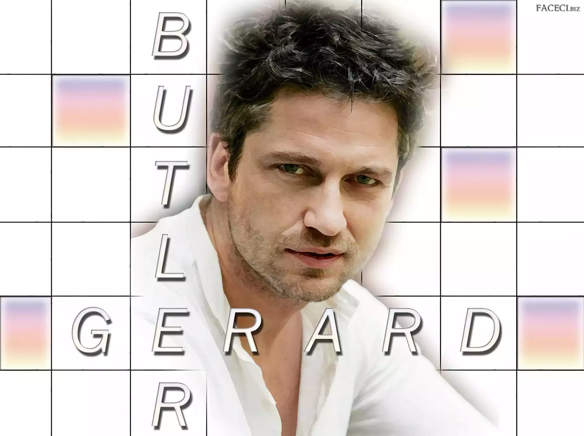 blond włosy, Gerard Butler, białą koszula