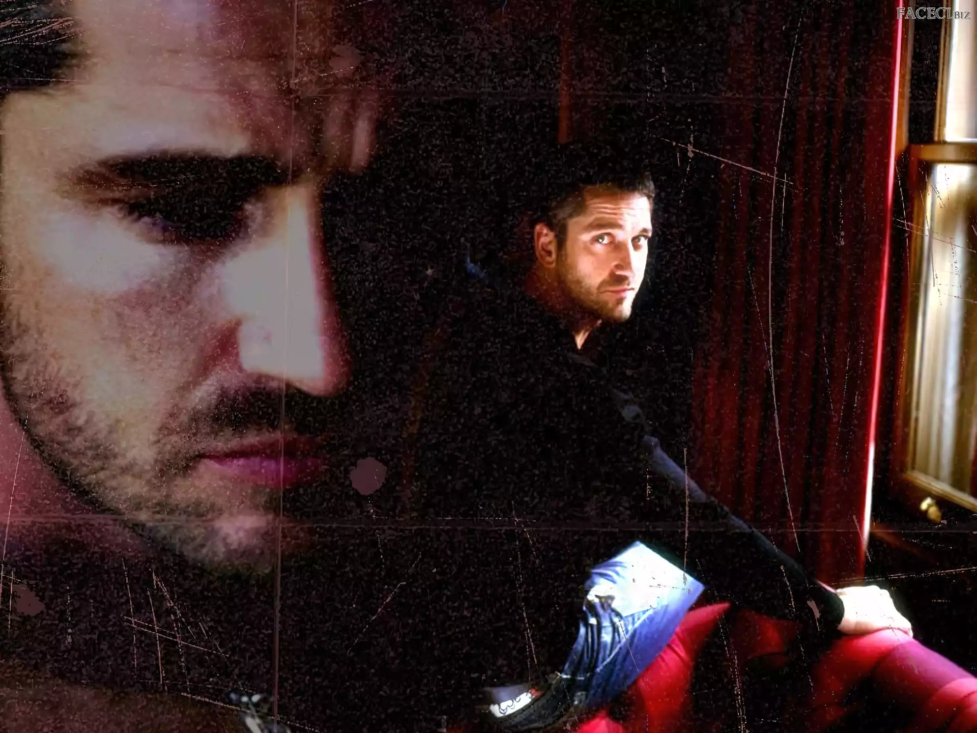 czarna koszula, Gerard Butler, twarz